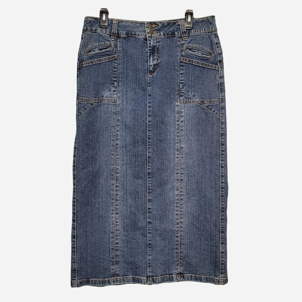 VTG Y2K Cato 10 Denim Maxi Skirt Paneled Front Seams Slit Western Modest Cowgirl